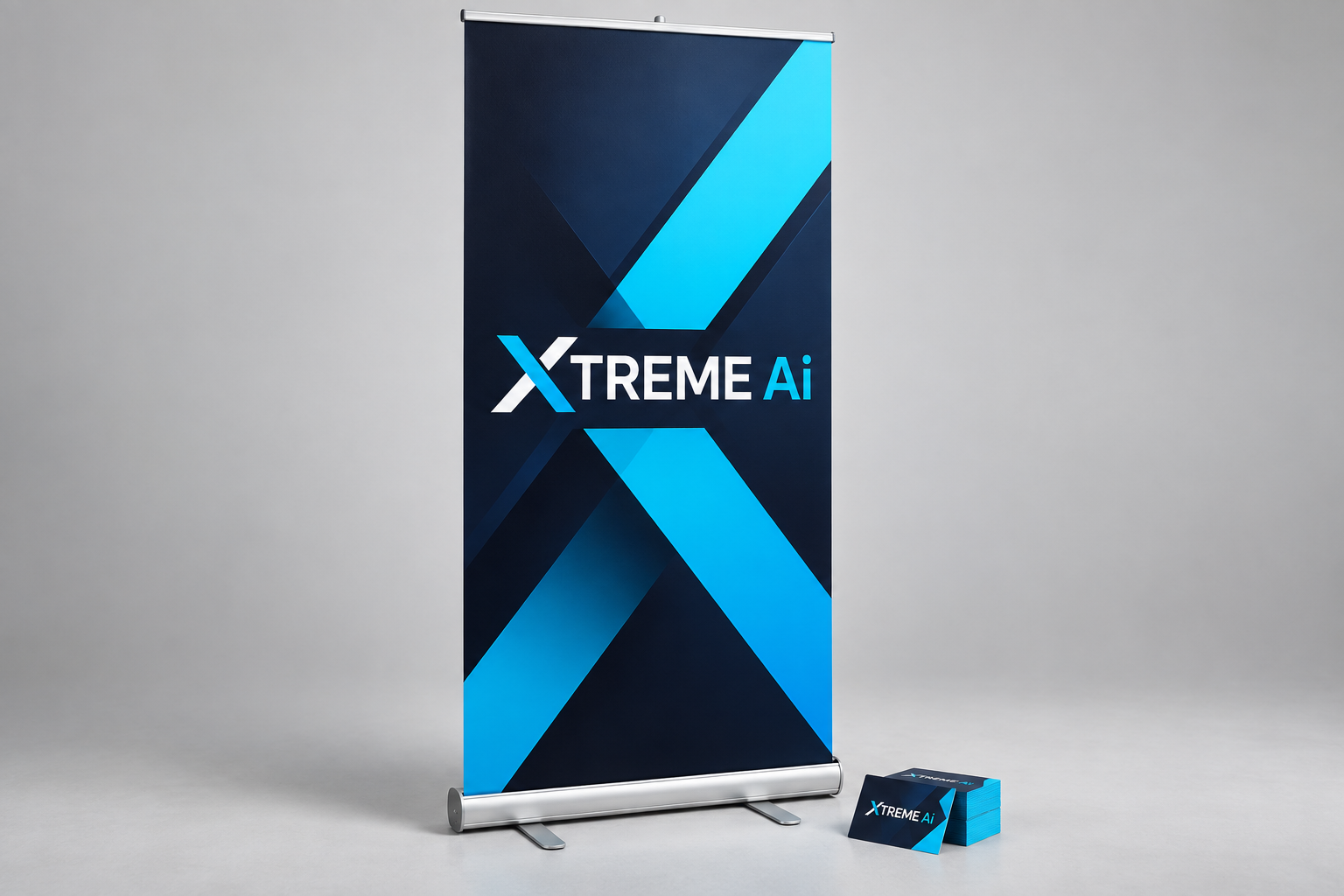 Propuesta de roll screen Xtreme Ai en azul, blanco y negro, con estructura de aluminio